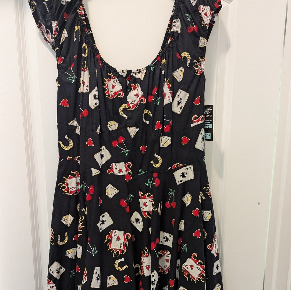 Hell Bunny Black Print Dress, sz 2XL, S/S "peasant" style collar and sleeves